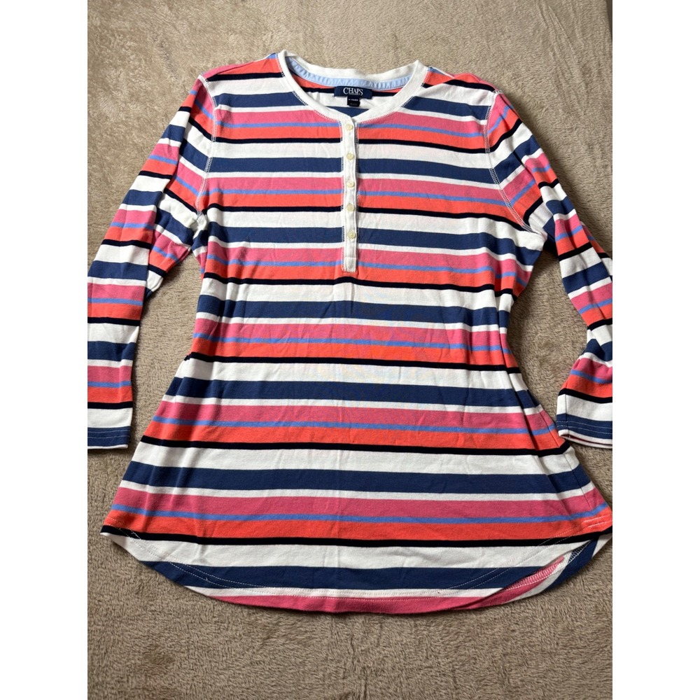 Chaps Womens XL Striped Henley Top Long Sleeve Cotton Classic Preppy Fall